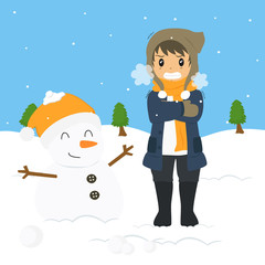 freezing and shivering young boy on winter cold, standing beside a snowman. cartoon vector illustration