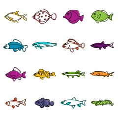 Poster - Cute fish icons doodle set