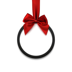 Sticker - Black round banner with red ribbon and bow, on white background.