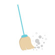 The Broom with long wooden handle sweeps the dust. Vector illustration isolated on white background. Tool for cleaning