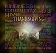 Share your Love at Thanksgiving - male cupped hands surrounded by a muted colour THANKSGIVING word cloud on a dark background with a light emerging from hands