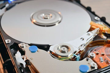 close up of a hard disk inside