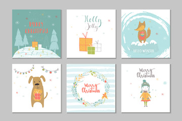 Canvas Print - Collection of 6 Merry Christmas cute greeting card with animals, presents and lettering.