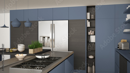 Modern Wooden Kitchen With Wooden Details Close Up Gas Stove With Cooking Pan Gray And Blue Minimalistic Interior Design Buy This Stock Illustration And Explore Similar Illustrations At Adobe Stock