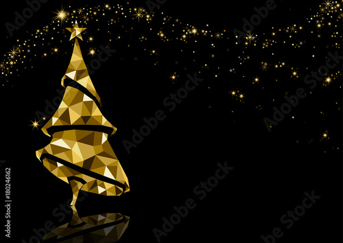 Golden Triangle Christmas Tree Background with Reflection and Sparkling Stars...