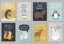 Christmas Animals Card Set, Hand Drawn Style.
