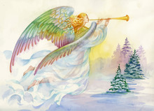 Merry Christmas And New Year Greeting Card With Beautiful Angel With Wings, Watercolor Illustration.