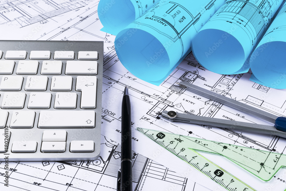 Building Drawing On Computer Architectural drawings of the modern house with computer keyboard ...
