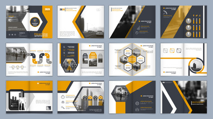 Brochure template. Book cover design. Title sheet. Abstract composition with images. Blue, gray, yellow geometric shapes. Set A4 interesting vector illustration. Minimalistic. Creative. Modern.