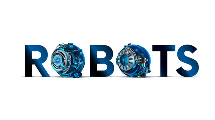 Aufkleber - The word or logo ROBOTS with mechanical letters on white background in the style of cyberpunk. The letter O in the style of the details of the cybernetic mechanism or robot