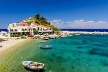 The Picturesque Village Of Kokkari With Traditional Houses And Fishing Boats. Kokkari Village Is A Popular Tourist Place On The Island Of Samos.
