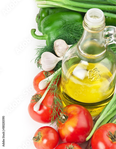 Nowoczesny obraz na płótnie Warzywa i butelka oleju, martwa natura
