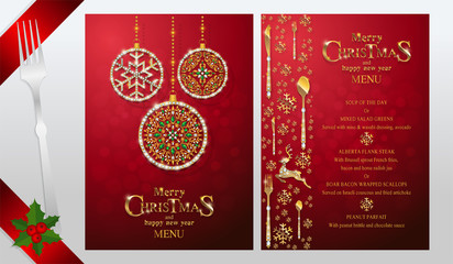 Wall Mural - Christmas Greeting and New Years dinner menu card templates with gold patterned and crystals on background color.