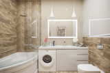 Fototapeta Przestrzenne - 3d illustration of the interior of the bathroom in a modern style with a corner bath. Render interior design is executed in beige and white color