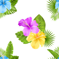 Wall Mural - Seamless Floral Pattern with Hibiscus Flowers and exotic Plants. Fashion Textile