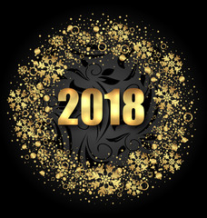 Poster - Luxury Round Frame with Golden Snowflakes on Black Background for Happy New Year 2018