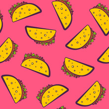 Colorful Seamless Pattern With Cute Cartoon Mexican Taco On Pink Background. Comic Flat Girlish Pop Art Tacos Texture For Fast Food Textile, Wrapping Paper, Package, Restaurant Or Cafe Menu Banners