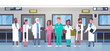 Group Of Doctors In Hospital Corridor Diverse Medical Workes In Modern Clinic Flat Vector Illustration