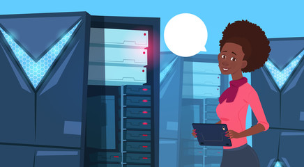 Poster - African American Business Woman Working On Digital Tablet In Modern Database Center Or Server Room Businesswoman Engeneer Flat Vector Illustration
