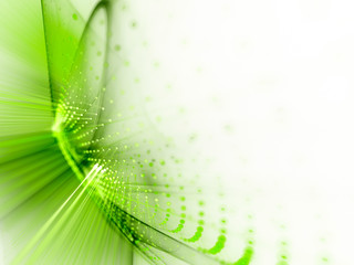 Poster - Abstract green and white background. Fractal graphics series. Three-dimensional composition of dots, waves and rays of light.