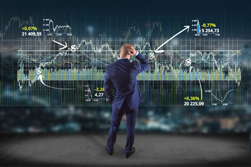 Poster - man in front of a wall writing on a stock exchange interface - tradex concept