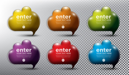 Wall Mural - Abstract glossy speech bubbles set of 6. Bubble balloon quote in form of cloud. Cloud icon. Isolated with transparent glass shine and shadow on the light background. Vector illustration. Eps10.