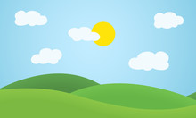 Flat Design Grass Landscape With Hills, Clouds And Glowing Sun Under Blue Sky