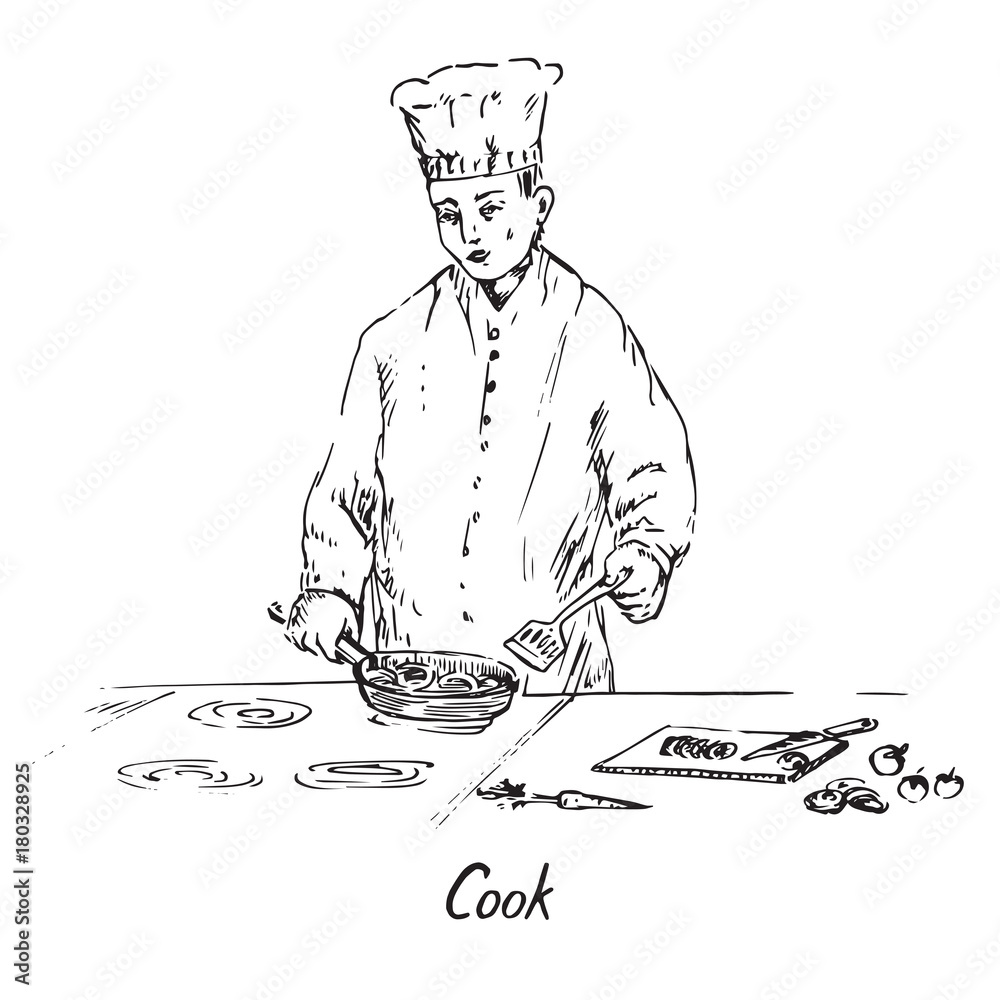 Cook at work, stir vegetables in a frying pan, hand drawn doodle ...