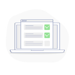 Checklist on laptop display, checkboxes with check mark. List of purchases, tasks, to do, wish list on the website concept. Flat outline vector design, premium quality trendy icon.