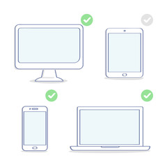 Aufkleber - Set of electronic devices icons: computer display, laptop, tablet, smartphone. Different resolutions, screen sizes. Flat outline UI set element, premium quality illustration design for website or app.