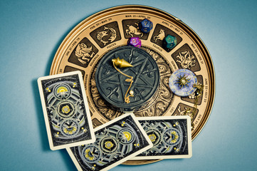 Wall Mural - zodiac signs magic pendulum, astrology dice, tarots like esoteric concept