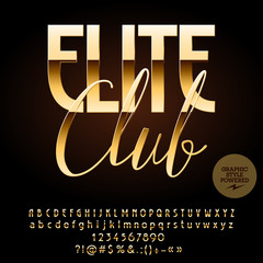 vector luxury emblem elite club. chic alphabet letters, numbers and punctuation symbols. golden font