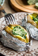 Baked Potatoes With Herbs Butter, With Green Homemade Butter, Delicious Food