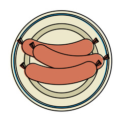 Sticker - dish with delicious sausages vector illustration design