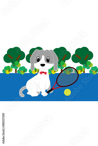 テニスラケットとテニスボールとかわいい犬のイラストのポストカード