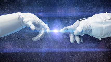 Wall Mural - two near touching hands in space suits, michelangelo touch pose