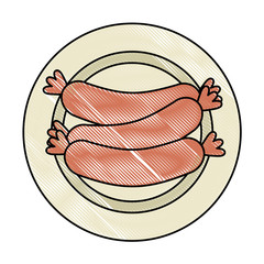 Sticker - dish with delicious sausages vector illustration design