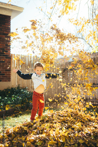 Fotografia, Obraz Little boy stands among brightly colored falling leaves