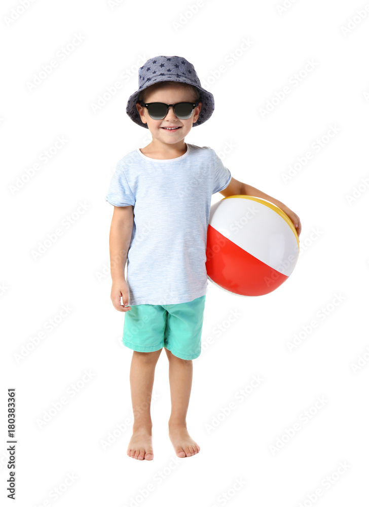 Cute little boy with beach ball on white background