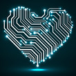 Abstract neon circuit board in shape heart, technology background