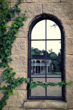 A High Mirror Window In An Old House In Which Another Building Is Reflected. The Walls Are Covered With Ivy.
