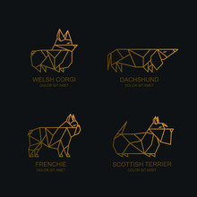 Vector Line Dogs Logo Icon Or Emblem Set. Golden Illustrations Of Dachshund, Welsh Corgi Pembroke, French Bulldog, Scottish Terrier On Black Background. Breed Of Dogs Trendy Geometric Illustration.