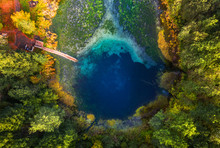 Aerial View Of The Karst Lake Named Goluboye Ozero (Blue Lake) Surrounded By Forest. Maximum Depth Is 18m (60ft). Lake Is Situated Near The City Of Kazan, Russia
