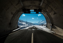 Asphalt Road And Winter  Landscape View From Inside The Tunnel