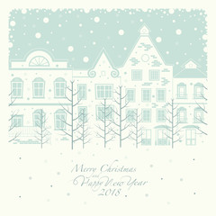 Wall Mural - Depicts a winter street with houses. in the foreground the branches of the trees through which can be seen outside. The phrase merry Christmas and a happy New year and number 2,0,1,8