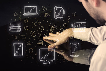 Poster - Man pressing table tablet hand touch interface with media icons