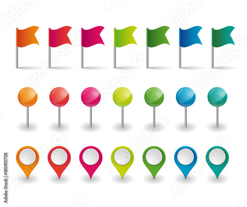 Fotomural set of colorful flags, round pins and map pointers