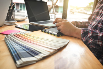 Poster - Architectural drawing with work tools, Graphic designer working with digital Drawing tablet and Pen on a computer and color swatches on a desk, interactive pen display, sketching at blank notepad,