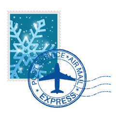 Poster - Postal stamp with blue snowflake and air mail postmark