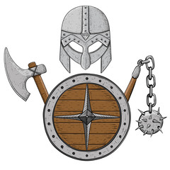 Wall Mural - Viking armor set - helmet, shield and axe and flail. Colored hand drawn sketch